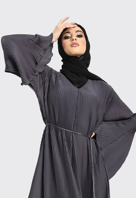 Pleated Abaya with Rope Belt in Grey
