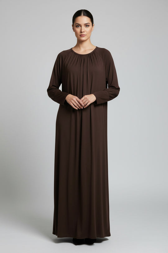 Gathered Crewneck Jersey Abaya TK -Brown