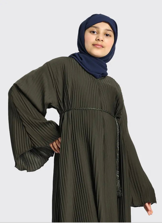 Pleated Girls Abaya with Rope - Khaki