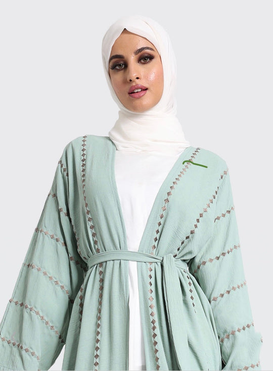 Embroidered Open Abaya Kimono - Mint