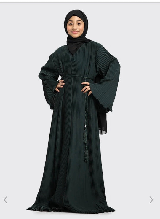 Pleated Girls Abaya with Rope - Bottle Green