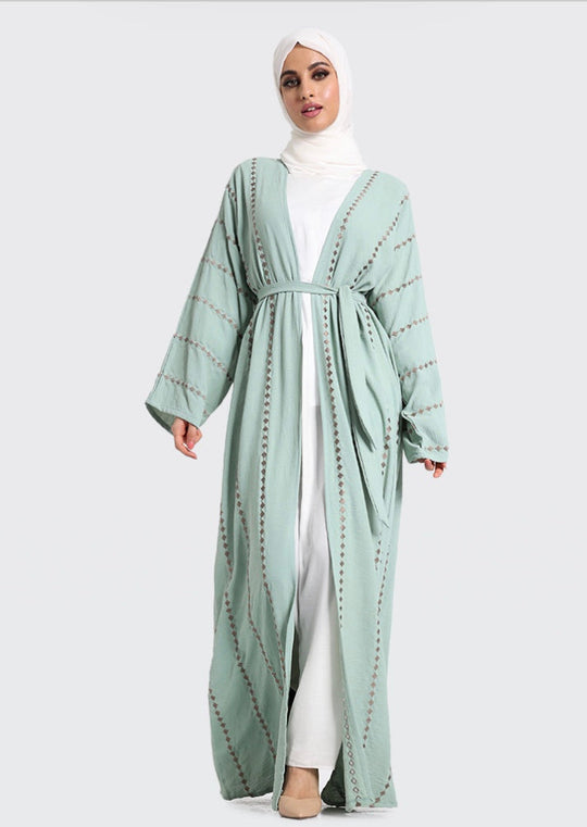 Embroidered Open Abaya Kimono - Mint