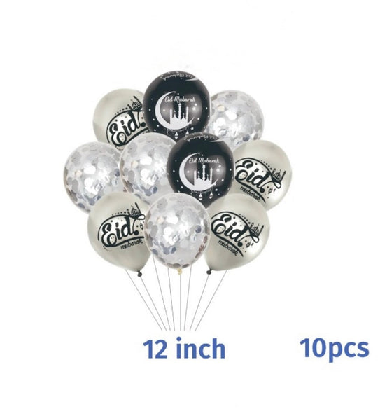 Eid Mubarak Balloons set of 12 - Silver
