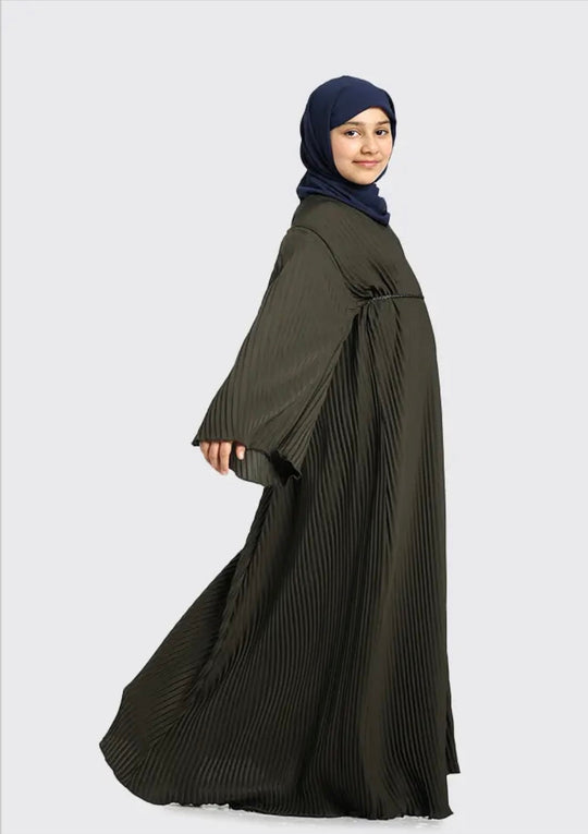 Pleated Girls Abaya with Rope - Khaki