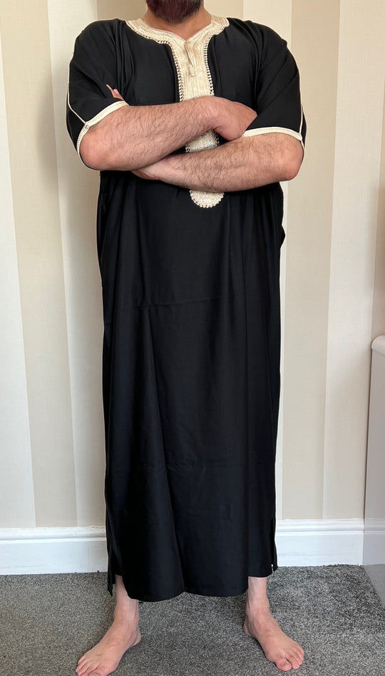 Moroccan Half Sleeve cotton Thobe/ Jubbah - Black & Gold
