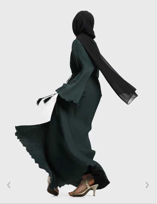 Pleated Girls Abaya with Rope - Bottle Green