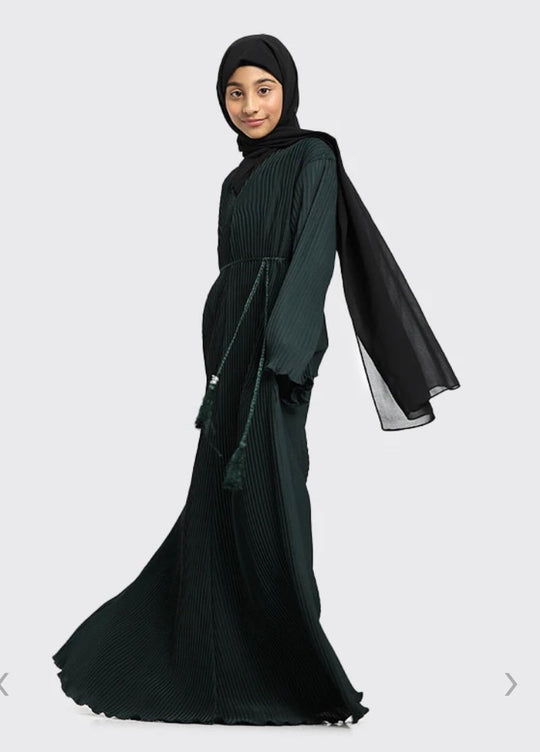 Pleated Girls Abaya with Rope - Bottle Green