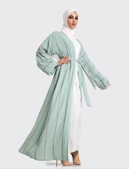Embroidered Open Abaya Kimono - Mint