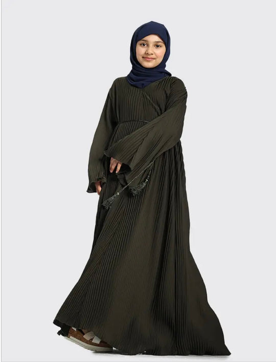 Pleated Girls Abaya with Rope - Khaki