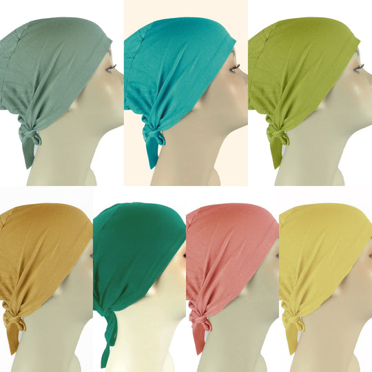 Plain Cotton tie back bonnets/ underscarf - Green and Yellow hues