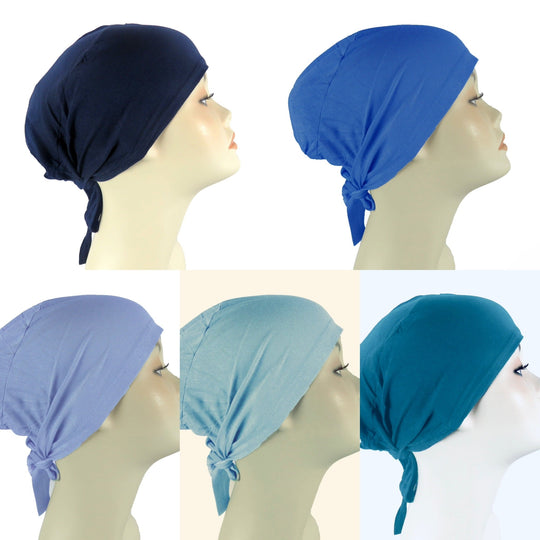 Plain Cotton tie back bonnets/ under scarf Cap - Blue hues