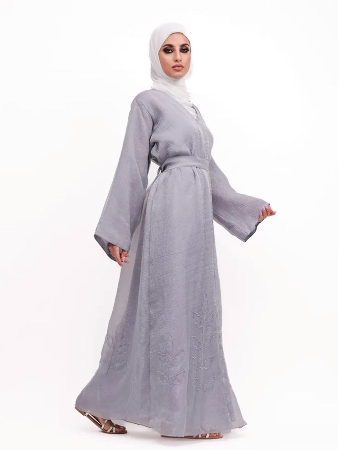 Beaded Organza Kimono Abaya in silver Grey