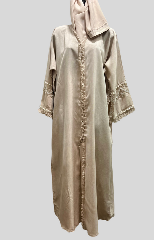 Linen Beaded Abaya with Hijab/ Scarf - Nude Blush