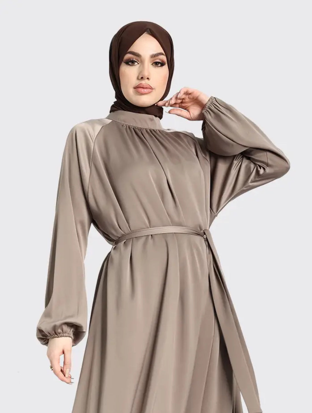 Mock Neck Satin Abaya- Mocha