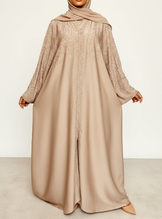 Luxurious Rhinestone Batwing
 Abaya Set in Beige