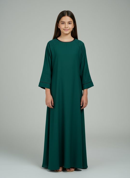 Girls Nida Diamanté Abaya-  Green