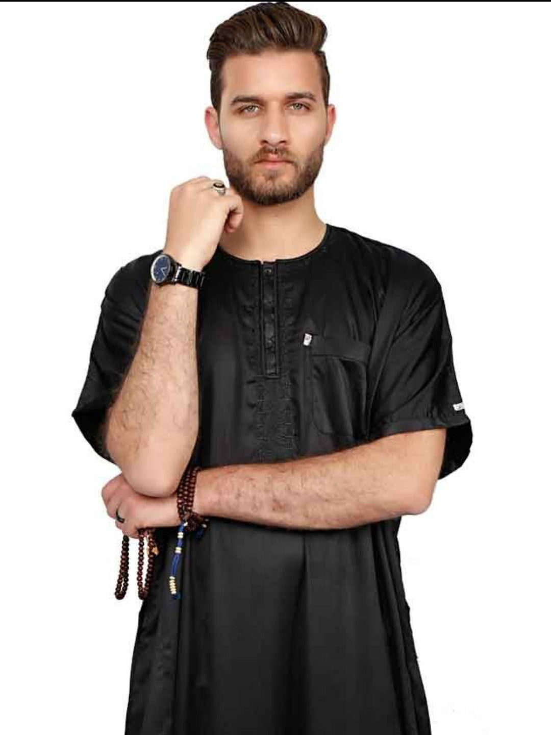 Ikaf Half Sleeve Sheen Thobe/ Jubbah - Black