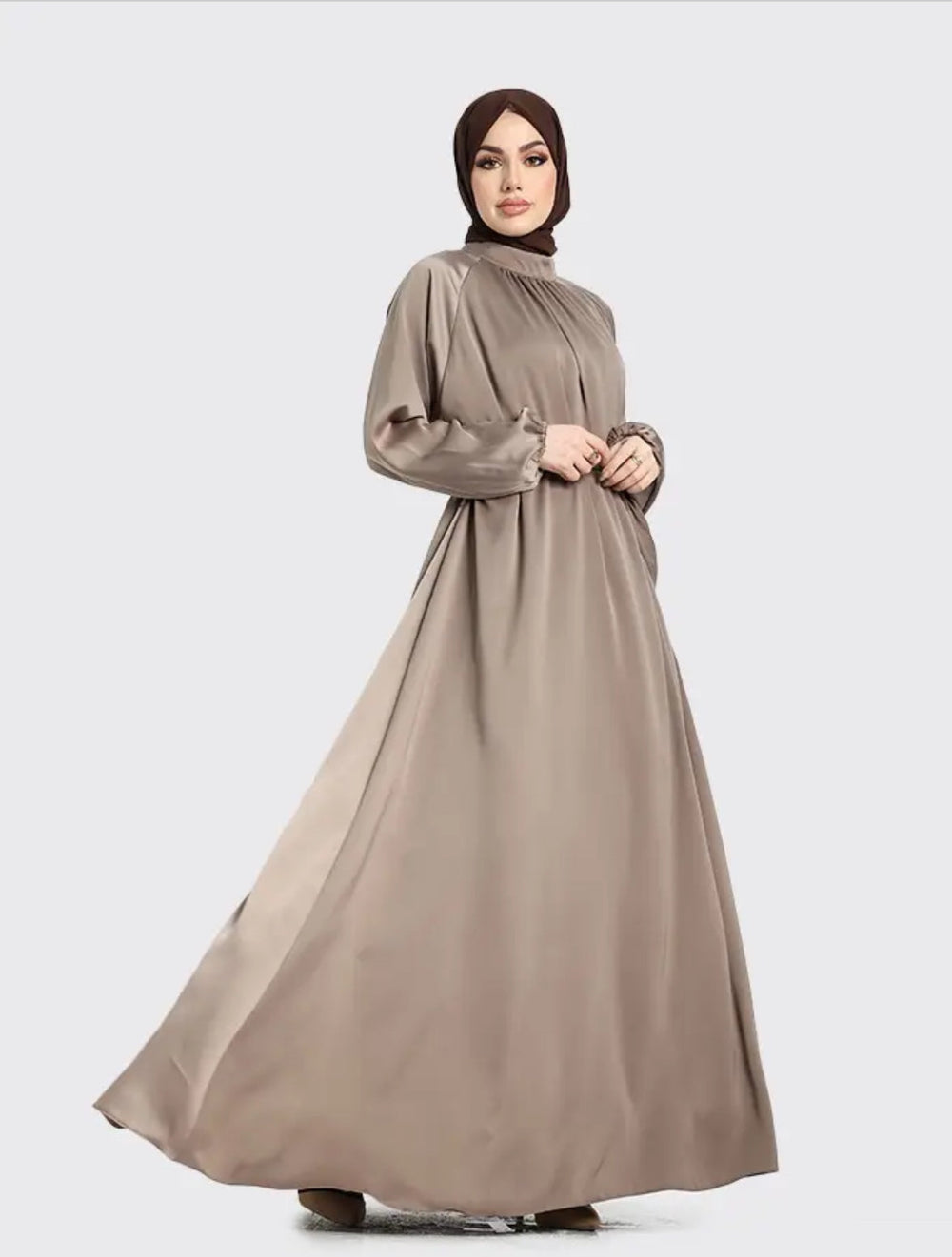 Mock Neck Satin Abaya- Mocha