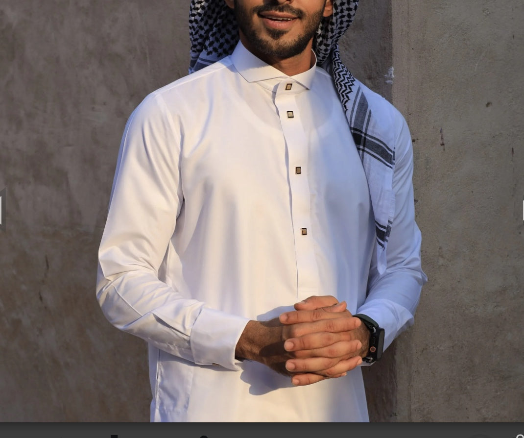 White Thobe With Gold Buttons Luxury Thobes by Al Aniq
