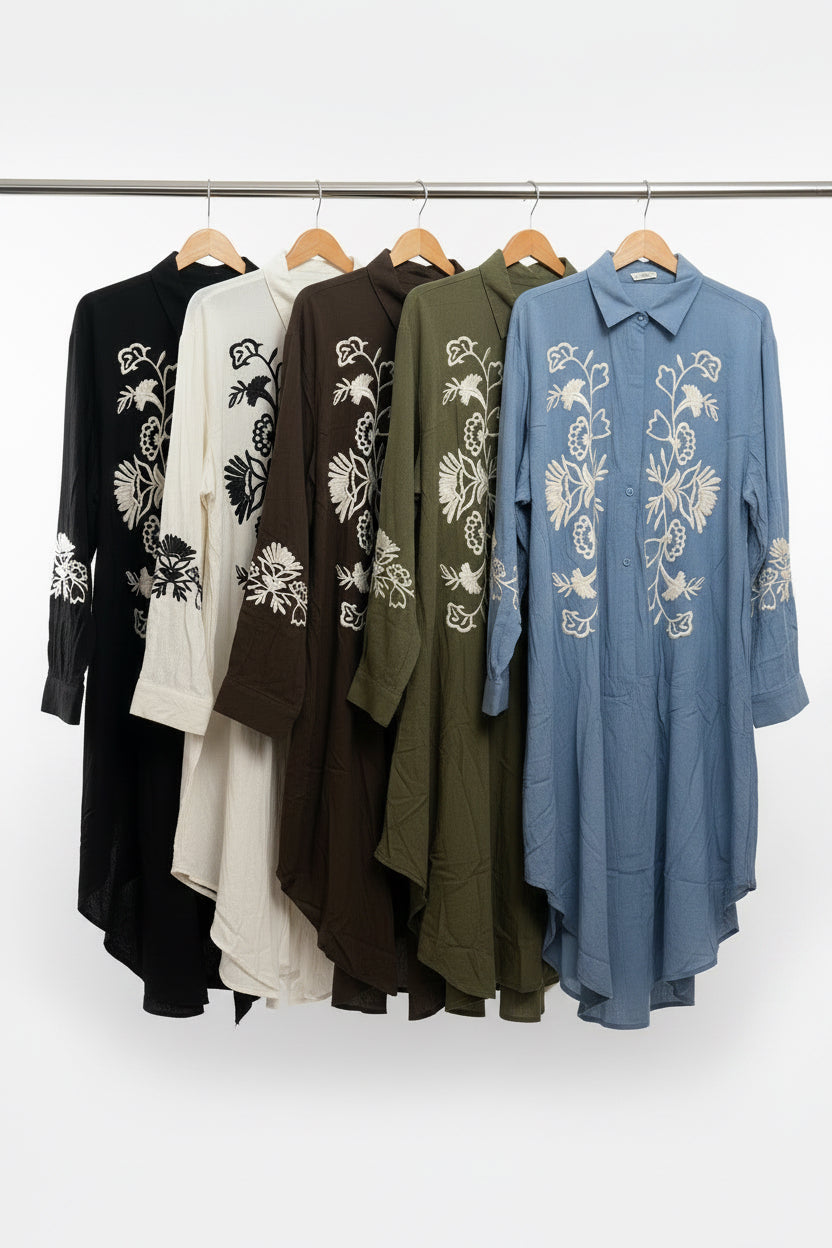 Midi Embroidered Linen Feel Shirt Dress