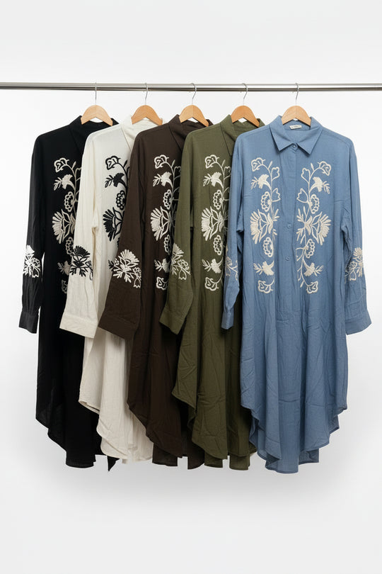 Midi Embroidered Linen Feel Shirt Dress