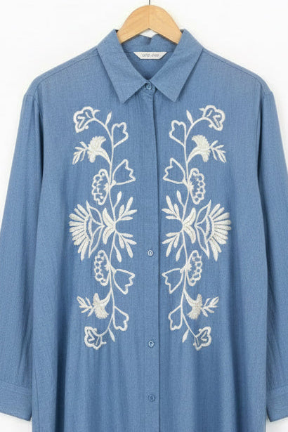 Midi Embroidered Linen Feel Shirt Dress