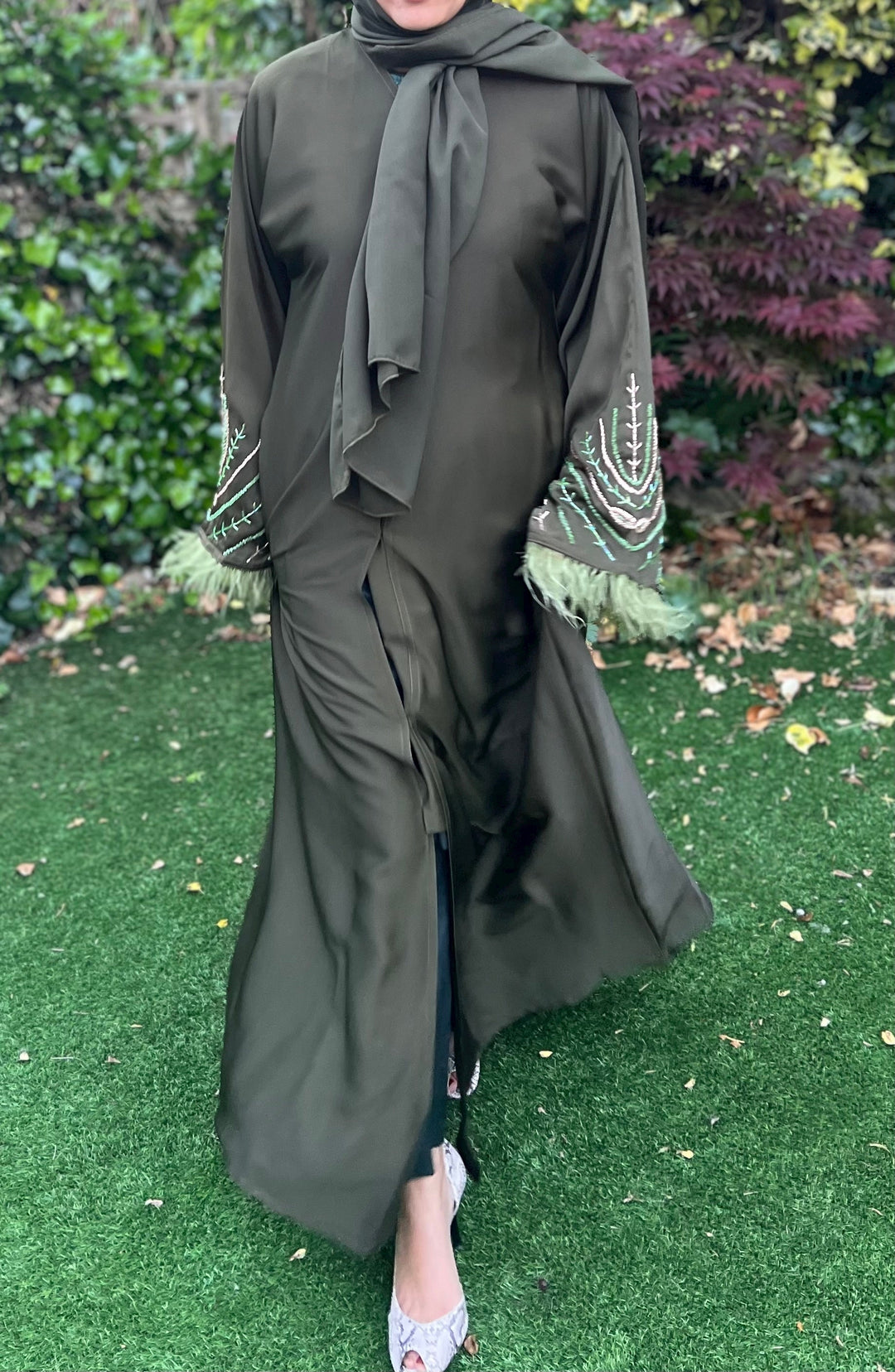 Beaded Satin Feather Abaya in Olive