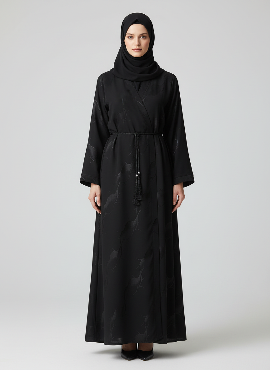 Jacquard print Abaya sets in Black Design 1