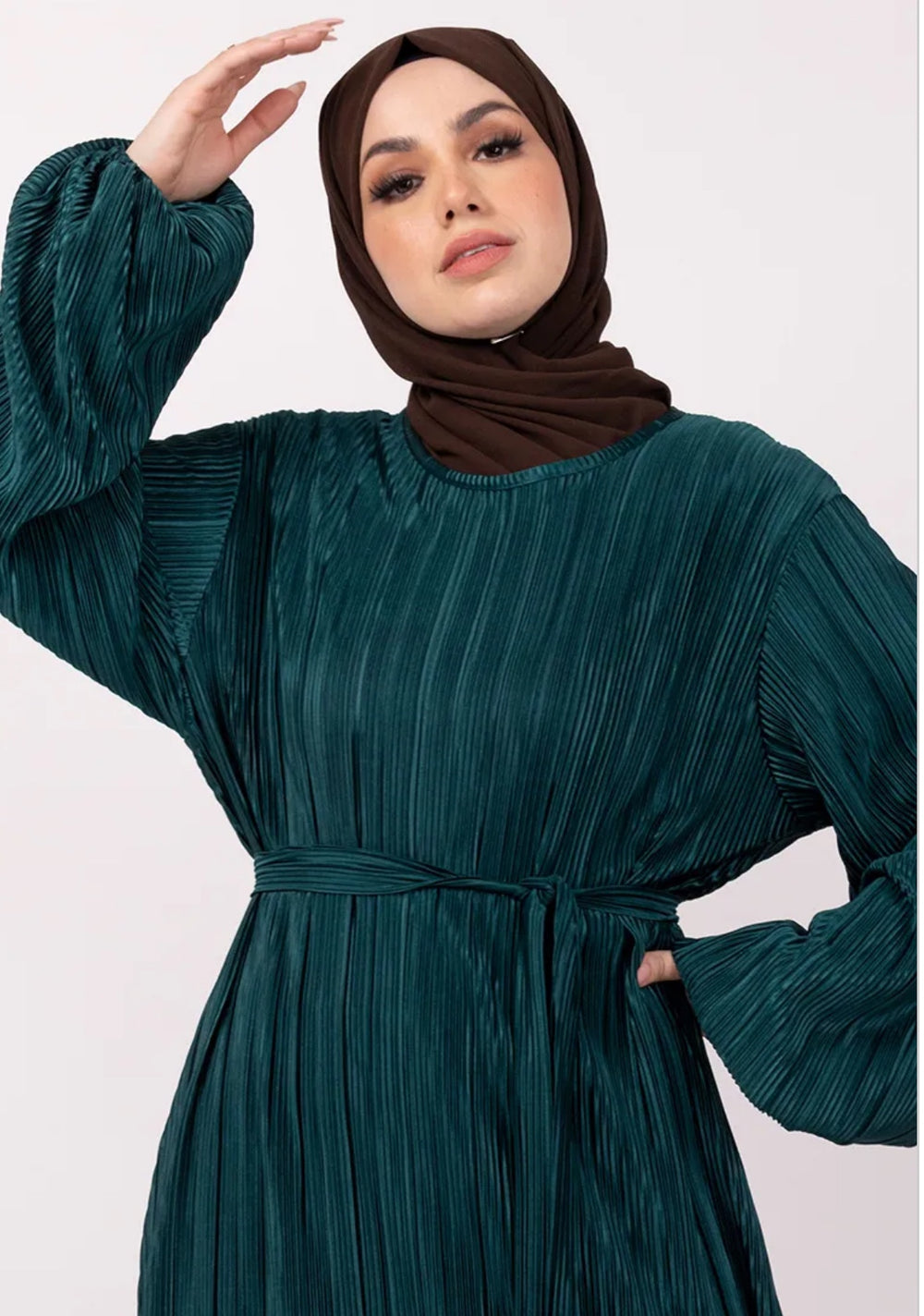 Plisse Abaya/ Dress with Belt in Teal Green