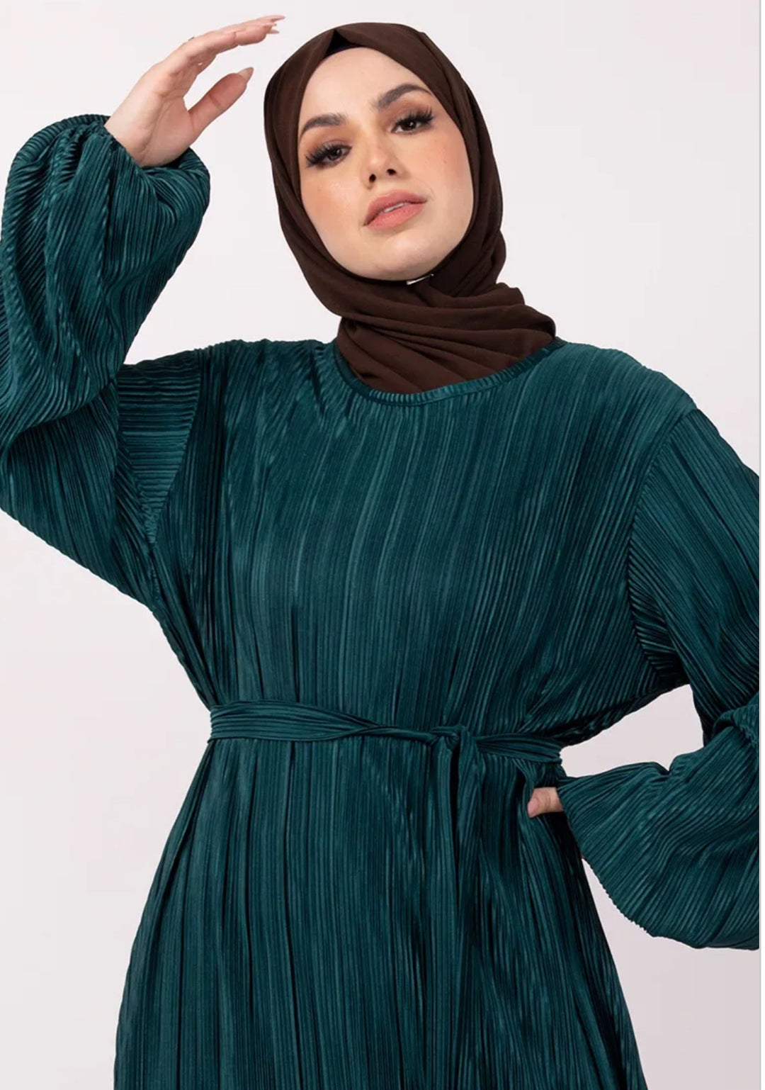 Plisse Abaya/ Dress with Belt in Teal Green