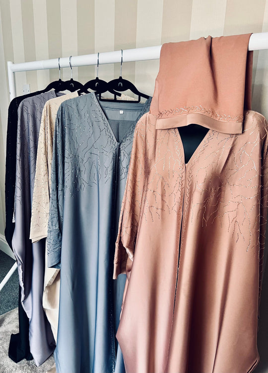 Luxurious Rhinestone Batwing Abaya Set in Rose Gold