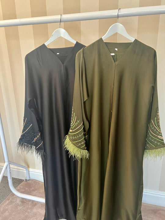 Beaded Satin Feather Abaya in Olive