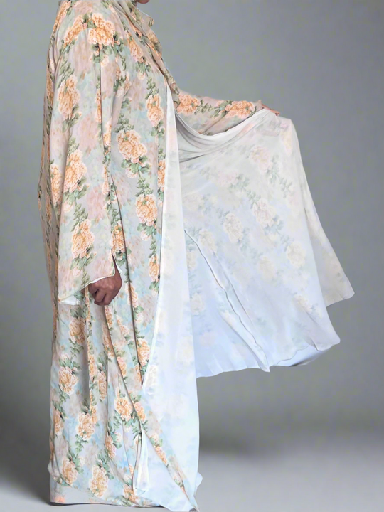 Floral Print Chiffon Abaya in Yellow