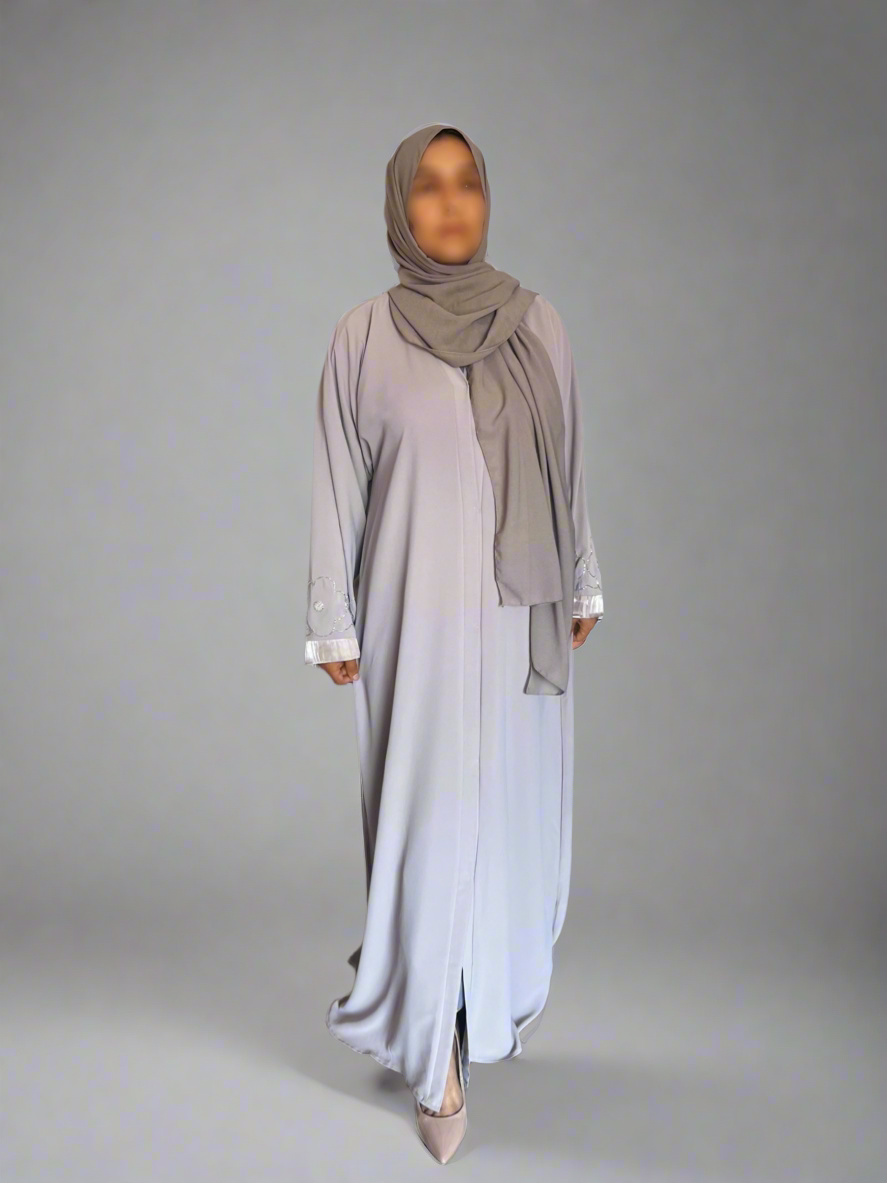 Beaded Flower Nida Abaya with front buttons in Nida
