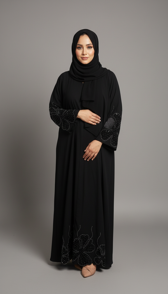 Velvet Flower Motif Abaya with front buttons in Nida