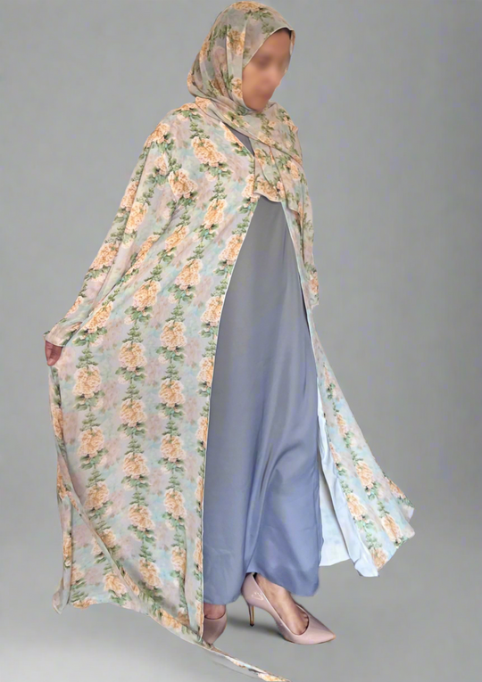 Floral Print Chiffon Abaya in Yellow