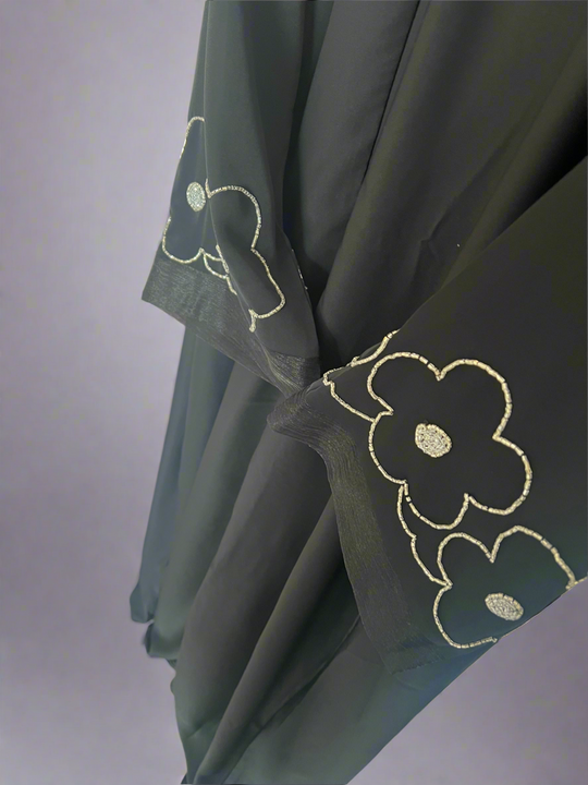 Beaded Flower Nida Abaya with front buttons in Black