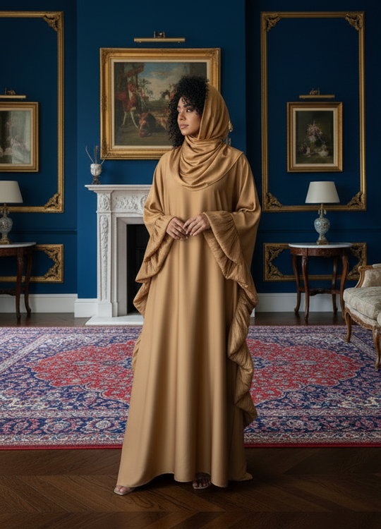 Ruffle Abaya with Inner ties Set Gold