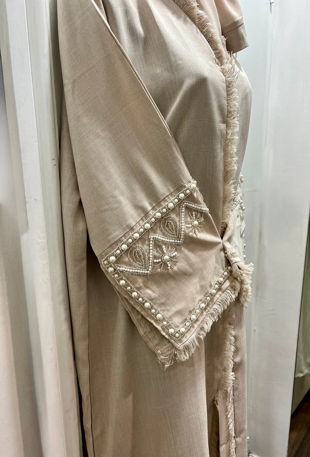 Linen Beaded Abaya with Hijab/ Scarf - Nude Blush