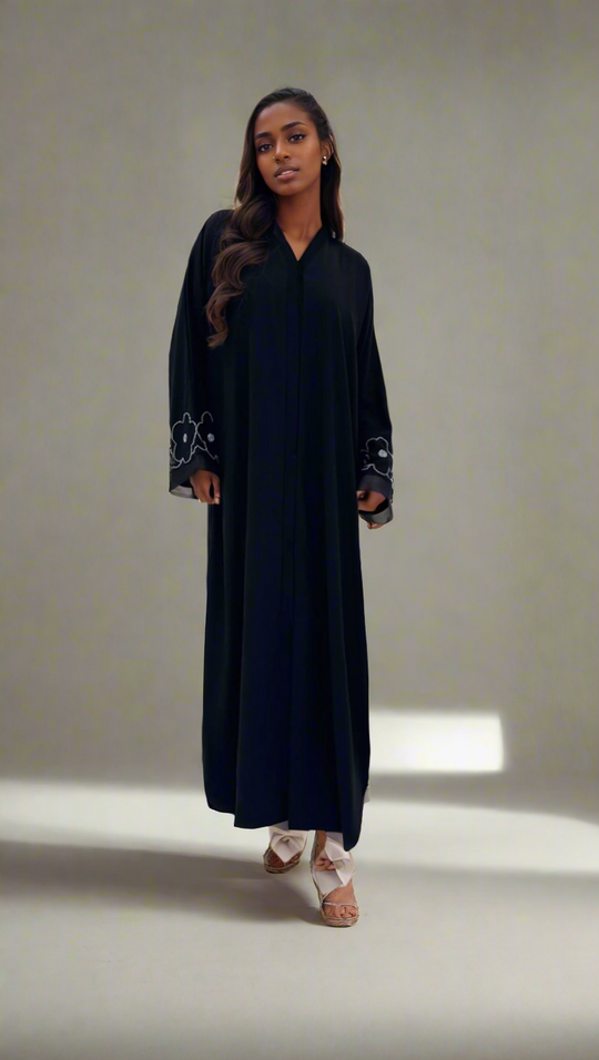 Beaded Flower Nida Abaya with front buttons in Black