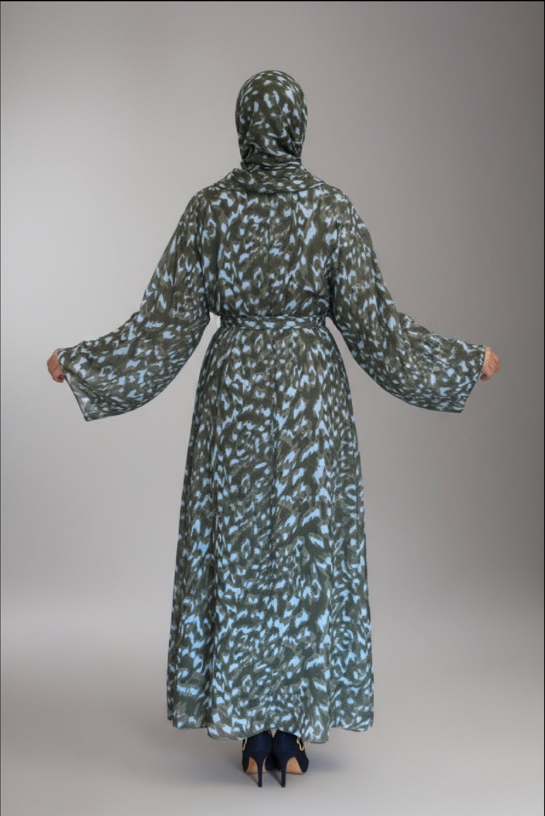 Print Double Chiffon Abaya in Khaki