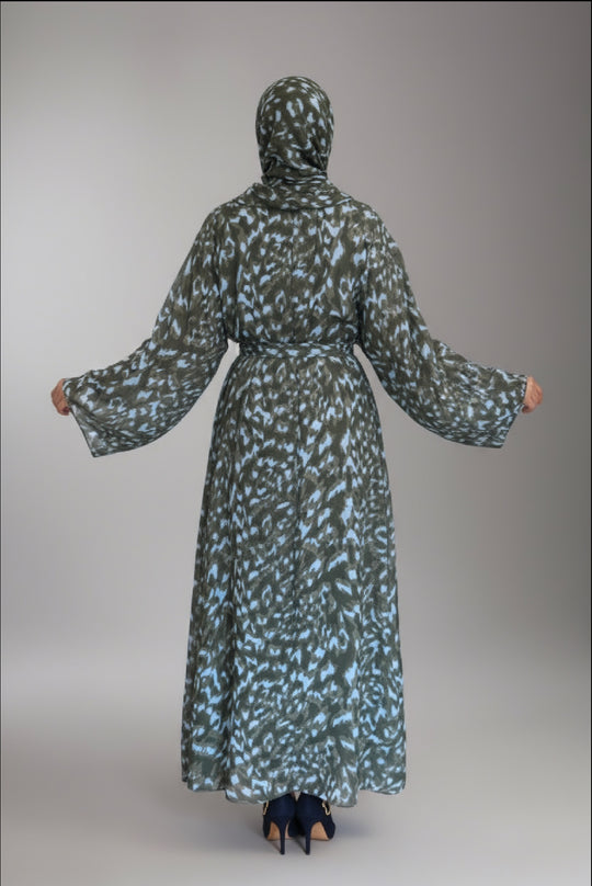 Print Double Chiffon Abaya in Khaki