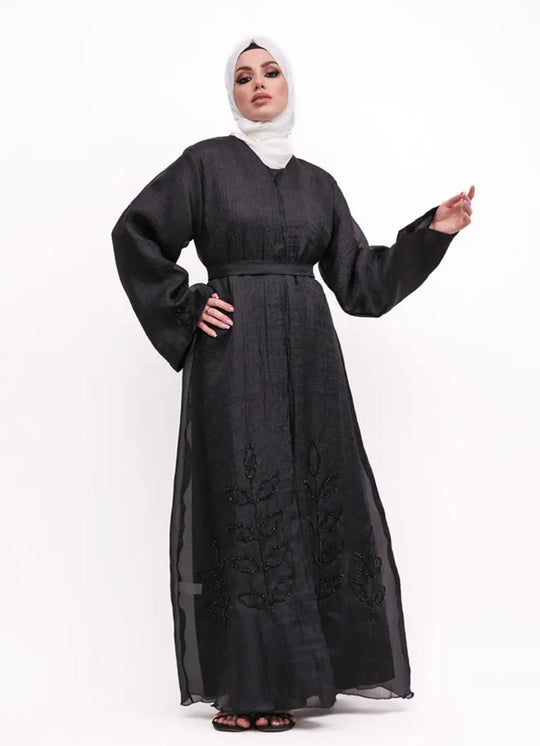 Beaded Organza Kimono Abaya in Black