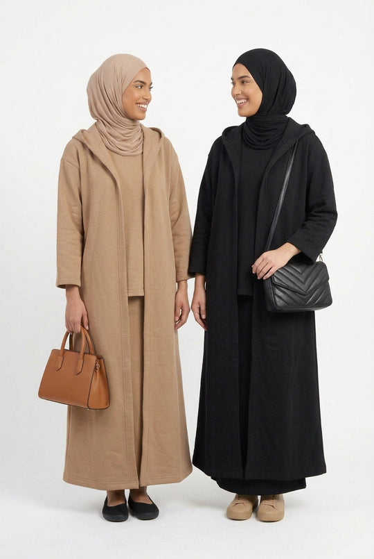 Winter Hooded Open Abaya Black & Camel