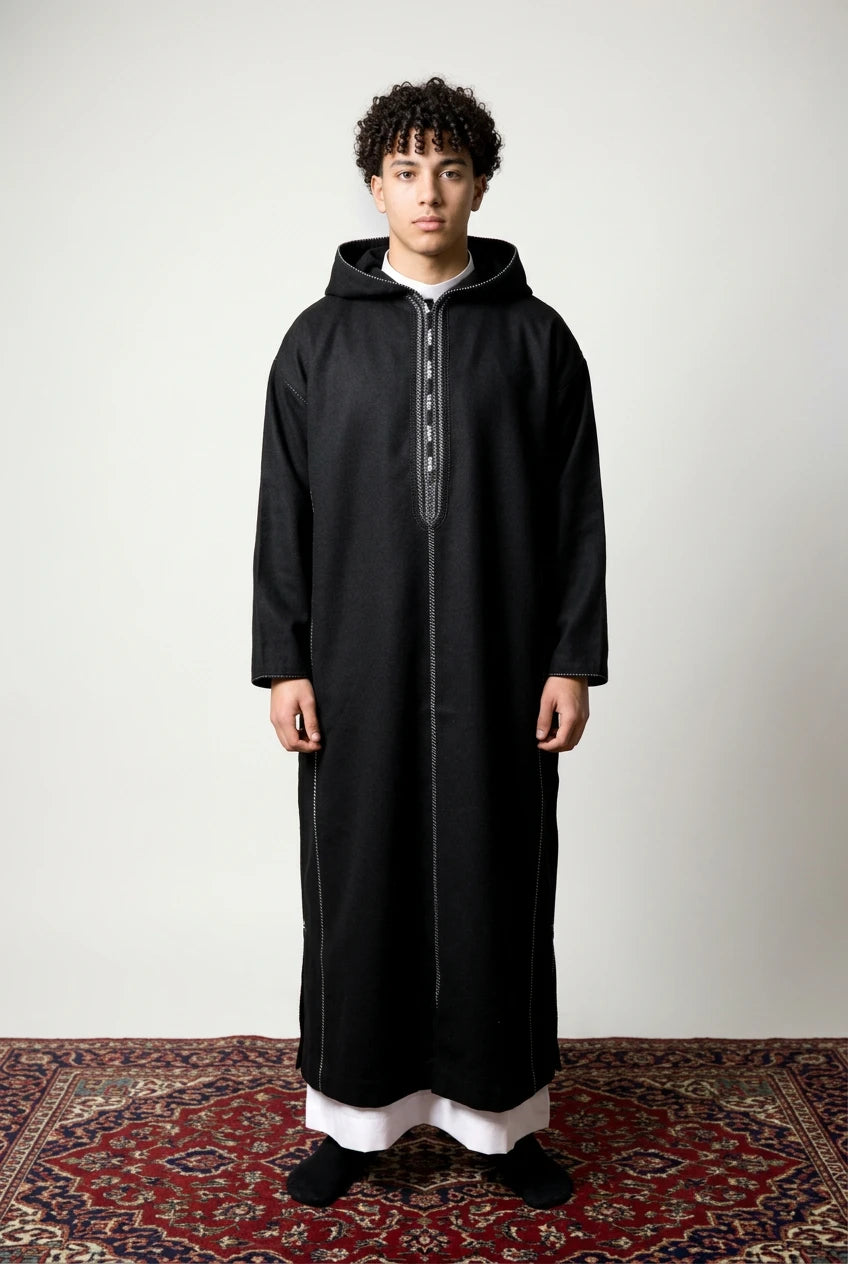 Winter Wool Hooded Moroccan Thobes - Black