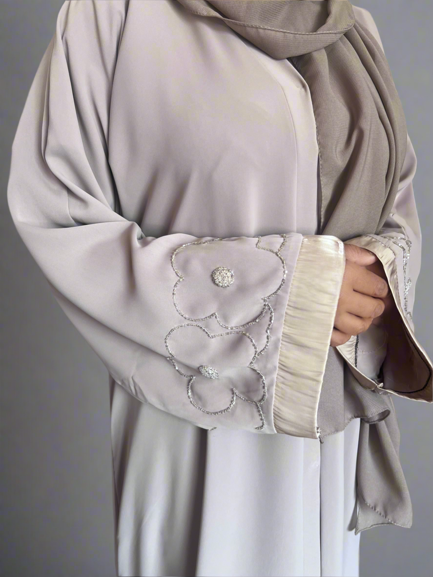 Beaded Flower Nida Abaya with front buttons in Nida