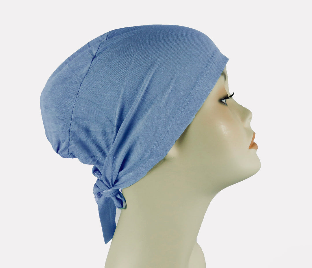 Plain Cotton tie back bonnets/ under scarf Cap - Blue hues