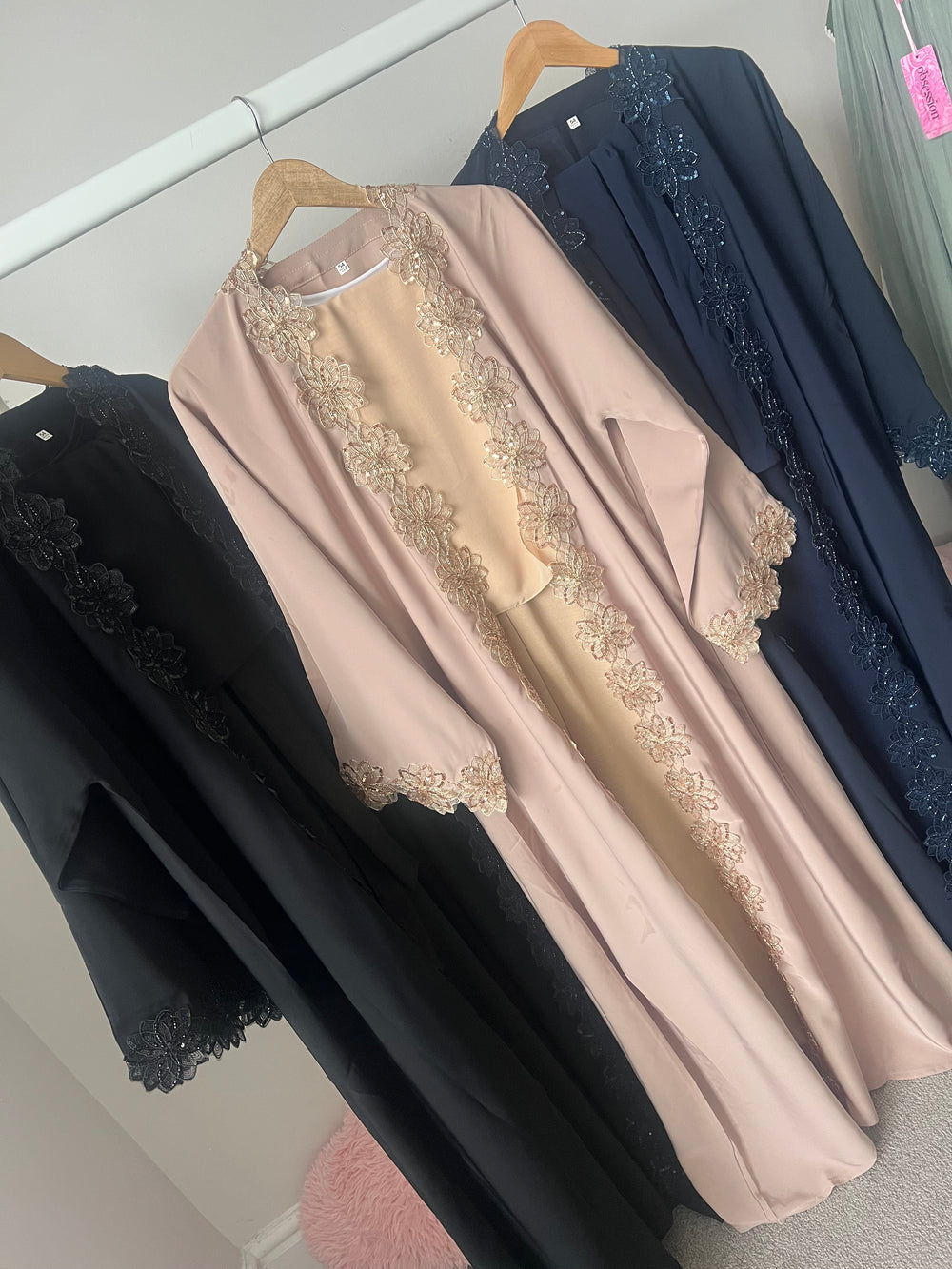 Floral Beaded Lace Edged Abaya Sets