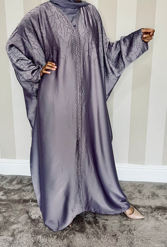 Luxurious Rhinestone Abaya Set in Grey