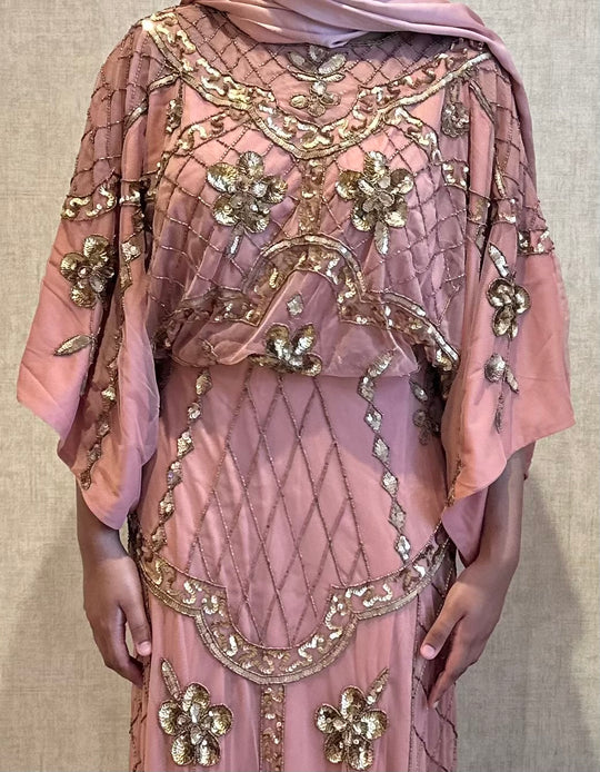 Frock and Frill Embellished Dress With Batwing Sleeves in Dusky Pink